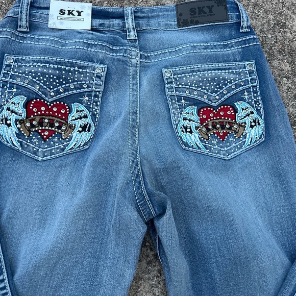 Sky Women's Light Blue Boot Cut Jeans with Red Embroidery and Bling Pockets - Picture 3 of 11
